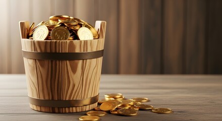 A wooden bucket overflowing with gold coins on a rustic wooden table, symbolizing wealth and prosperity.