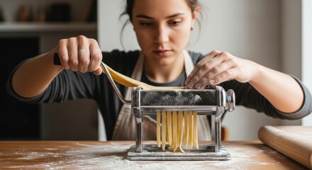 Woman making fresh pasta with machine in cozy kitchen setting