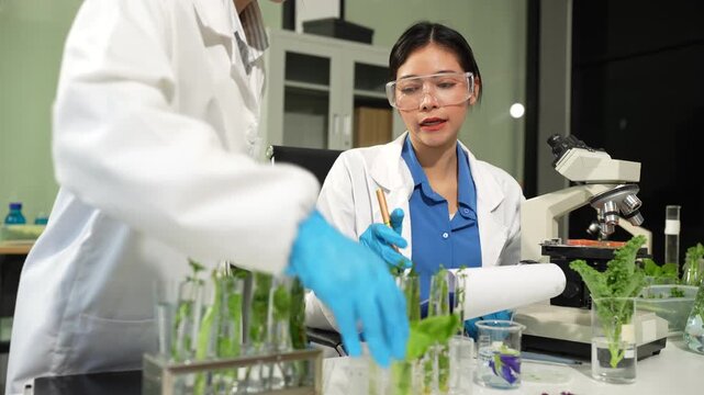 Team microbiologists and nutrition experts analyze molecular samples in advanced food science labs, exploring innovations in nutrition, psychiatry, and health science research.