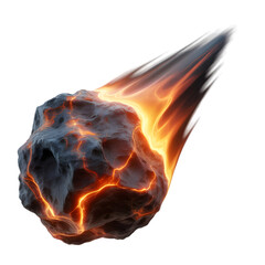 A burning asteroid or meteor with glowing orange flames trailing behind it, isolated on transparent background