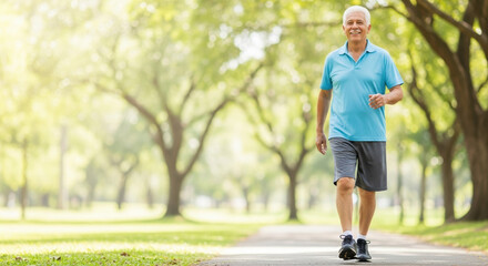 Elderly man who plays sports on sunny day in park, looking fit and healthy. Elderly man enjoys physical activities like walking for exercise, showing active lifestyle and good health.