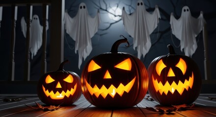 Eerie halloween scene with glowing jack-o'-lanterns and ghosts under moonlight