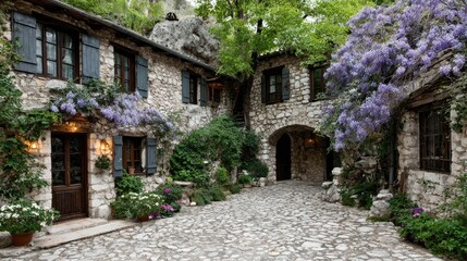 Fototapeta premium Stone Cottage with Wisteria