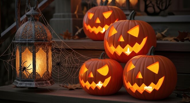 Glowing jack-o'-lanterns and lantern with spider webs on rustic steps