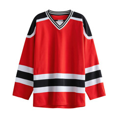 A vibrant red hockey jersey with bold black and white stripes [Transparent Background PNG].