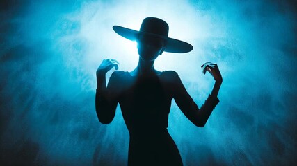 Silhouette of mysterious woman in hat blue illuminated background