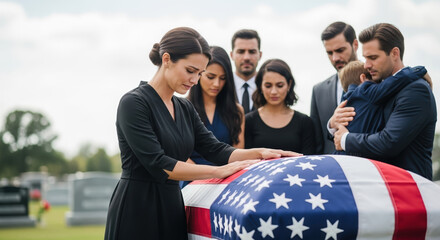 Funeral service for departed, grieving people gather by casket draped with flag. Emotional funeral provides support during difficult time. Expressing condolences,