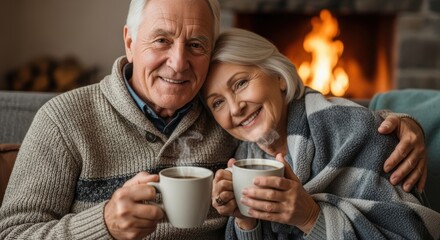 Senior couple relaxing by the fireplace with hot beverages, cozy winter setting