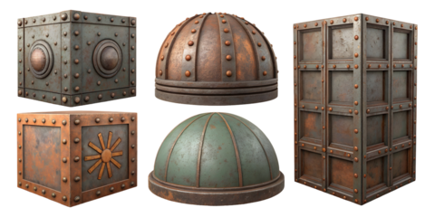 Five Unique Metallic Surface Textures Rusted Copper Green Gray Metal Cubes Domes Panels Rivets Industrial Design Elements