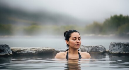 Fototapeta premium Serene woman relaxing in misty outdoor hot spring for mindfulness and tranquility