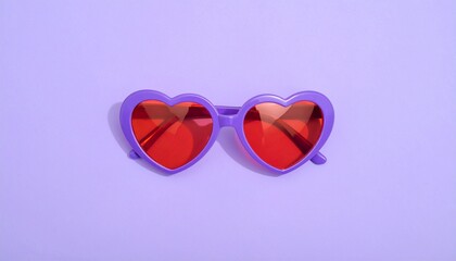 Heart-shaped sunglasses with red lenses and light purple frame rest on matching backdrop—evoking playful vision, romantic flair, and the surreal gaze of fashion, emotion, and identity.