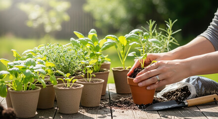 Home gardening plants arranged on wooden table in sunny garden, hands carefully repotting seedlings. Plants in home gardening include basil, rosemary, and other herbs ready for transplanting,