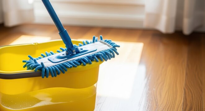 Bright room with wooden floor and cleaning mop in yellow bucket near window