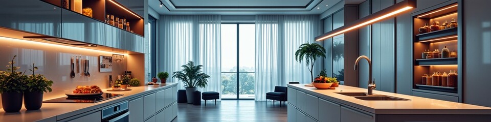 Modern interior design of sleek kitchen with ambient lighting and large windows