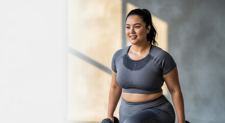 Plus size woman exercising with dumbbells.  Happy plus size woman lifting weights during fitness workout.  Smiling plus size woman demonstrates healthy lifestyle and body positivity.
