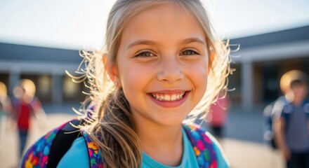 Joyful schoolgirl with backpack smiling in sunlit schoolyard