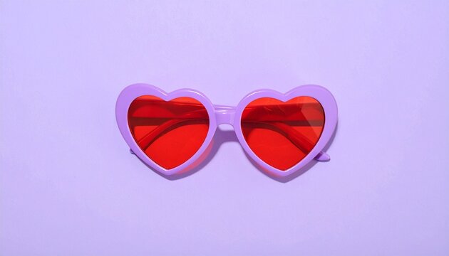Heart-shaped sunglasses with red lenses and light purple frame rest on matching backdrop—evoking playful vision, romantic flair, and the surreal gaze of fashion, emotion, and identity. - Powered by Adobe