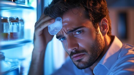 man in wrinkled suit leaning against a refrigerator and pressing an ice pack to his head, for websites and blogs dedicated to post-holiday corporate parties,hangovers,fever,heat,illness, or stress.