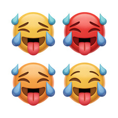 Four laughing and sweating emojis with tongues out, isolated on transparent background