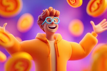 A joyful character with glasses and a beard stands under vibrant lights, wearing an orange hoodie and holding a fan of cash, expressing excitement and enthusiasm about financial success.