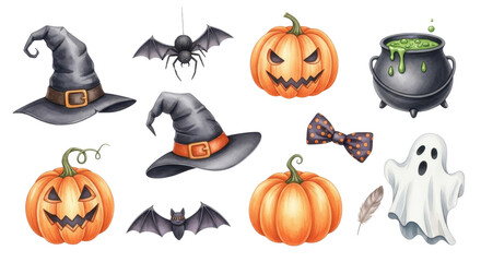 Spooky festive Halloween collection featuring pumpkins, witch hats, bats, ghosts, cauldron, and feather for a hauntingly good time