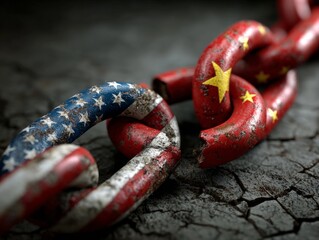 Broken chain links with American and Chinese flags