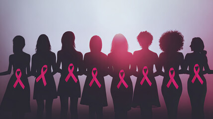 Diverse women's silhouettes linking hands, wearing pink ribbons, representing solidarity and strength during breast cancer awareness campaign