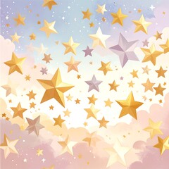 A multitude of golden and purple stars drifts across a soft, pastel sky filled with clouds.