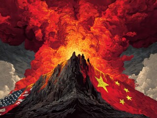 Volcanic eruption with flags of the USA and China