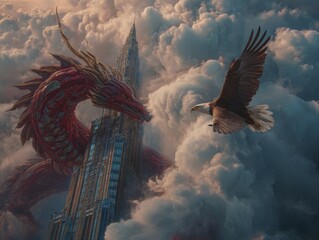 Majestic dragon and eagle soaring through clouds
