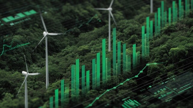 Sustainable energy, represented by wind turbines amidst a lush forest, with upward trending data visualizations, showcasing a positive energy growth trend.