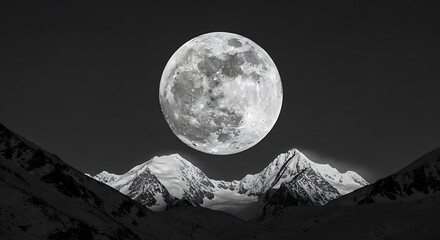 Full moon shining over snow covered mountains at night dark