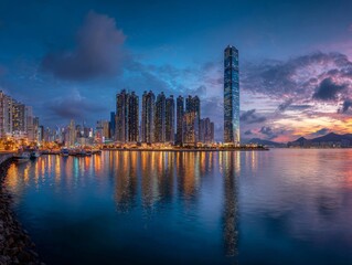 City skyline at dusk with reflections on water