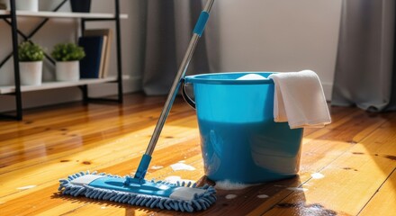 Bright morning cleaning with mop bucket and sunlit wooden floor scene