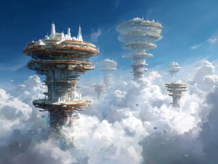 Futuristic floating structures above the clouds