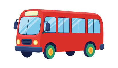 A cheerful cartoon illustration of a bright red small bus with large blue windows and yellow wheels on a white background