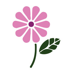 Simple vector illustration of a pink flower with rounded petals and a green leaf. Perfect for spring, nature, and botanical-themed projects. Ideal for logos, prints, and educational materials.

