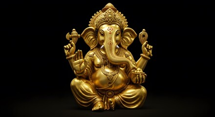 Fototapeta premium Golden Elephant God Statue Sitting Meditation on Black Background