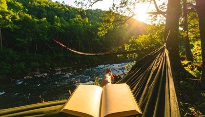 Relaxing reading in a hammock by a river