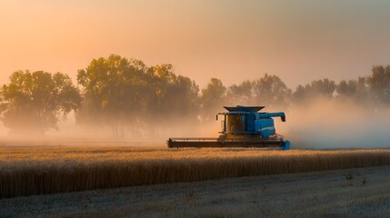 Fototapeta premium Combine Harvester in a Wheat Field at Dawn