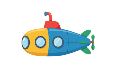A vibrant and playful cartoon illustration of a yellow and blue submarine with large oval windows and a red periscope on a white background