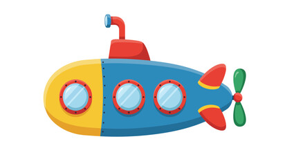 A cheerful cartoon submarine with a bright blue body yellow front and red accents featuring oval windows and a green propeller perfect for children s illustrations