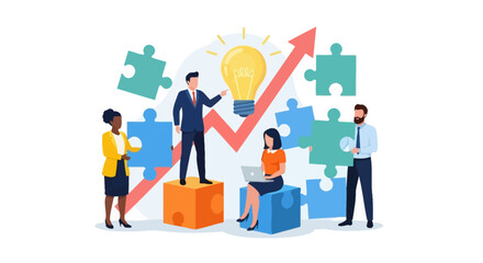 Flat Design Business Teamwork with Puzzle and Light Bulb Illustration