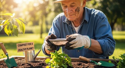 Elderly gardener enjoying composting in sunlit garden for eco-friendly living