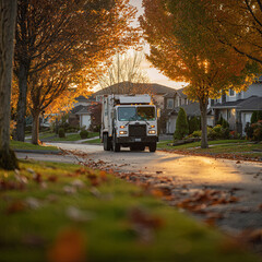 Obraz premium Garbage truck collecting trash along residential street, passing under golden autumn trees with soft morning sunlight filtering through branches and illuminating neighborhood landscape