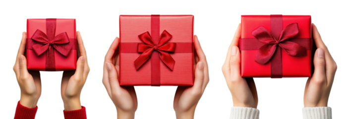 Hands with red gift boxes with red ribbon bows isolated on transparent background, top view