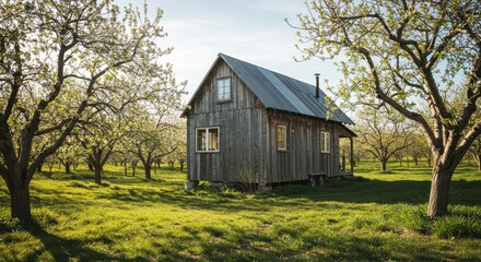 Obraz premium Rustic Wooden Cabin Surrounded by Blooming Orchard Trees on a Sunny Day in Spring