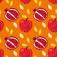 Seamless Fruits Background. Red Apples with pomegranate doodle sketch. Red vivid juicy print. Summer orchard. Hand drawn illustration. Repeated template for textile, wrapping paper, wallpaper, scrap.