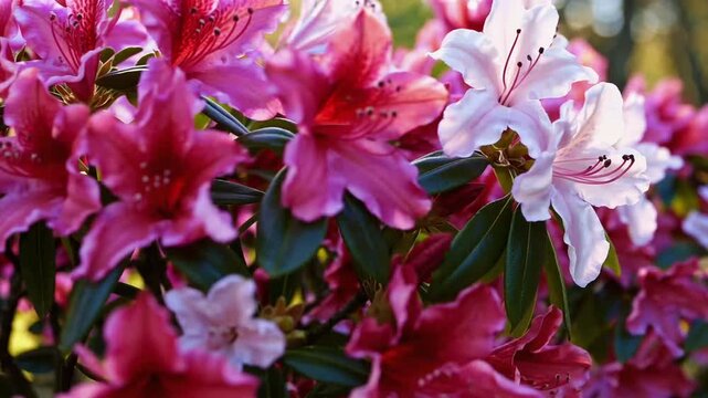 Vibrant rhododendron cultivation and blossoming cornus flora adjacent to sylvan area during the initial vernal season