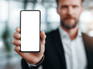 Businessman in suit displaying blank white smartphone screen in blurred office environment